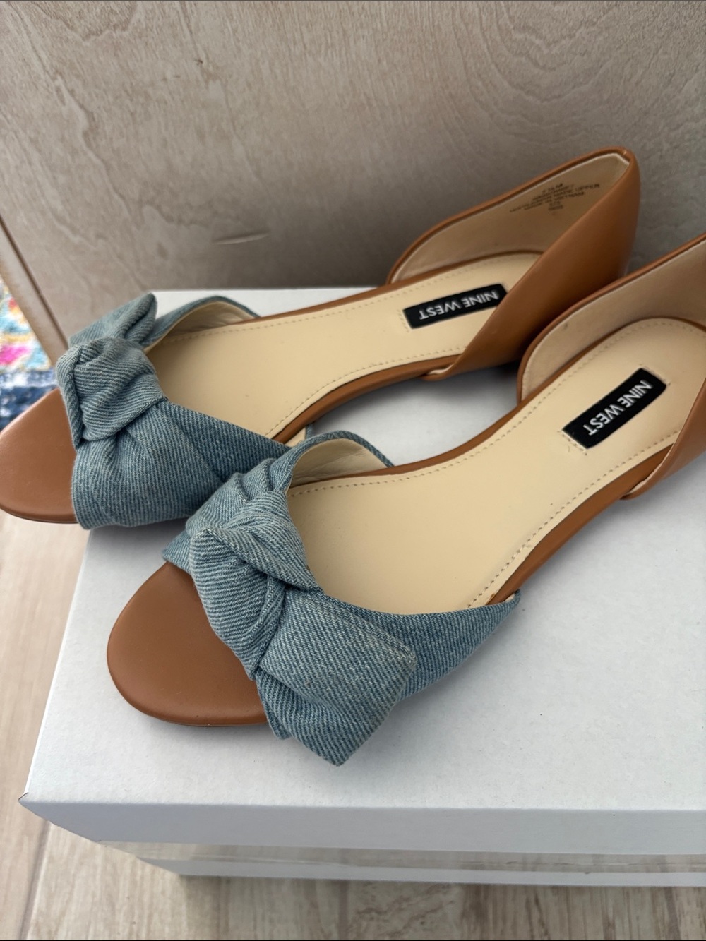 Nine West Tan Flats with Denim Bow Accent - Picture 2 of 6